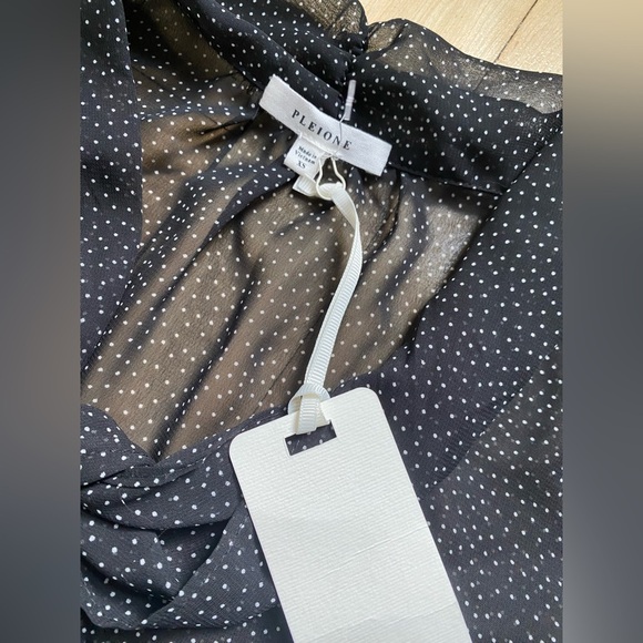 New Pleione Tie Neck Polka Dot Sheer Short Sleeve Blouse black - Picture 4 of 5
